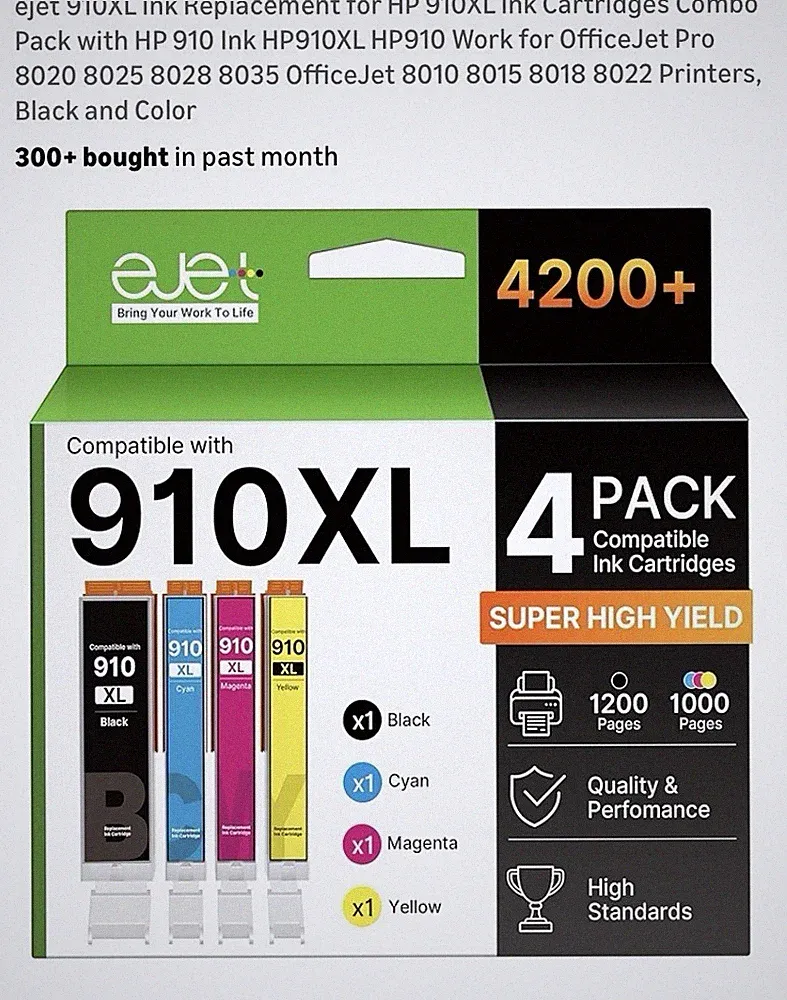 ejet 910XL Ink Replacement for HP 910XL Ink Cartridges Combo Pack with HP 910...