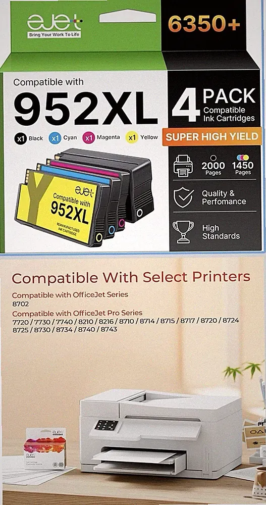 ejet 952XL Compatible Inkjet Ink Cartridge 4-Pack for HP OfficeJet Pro 8702 8710